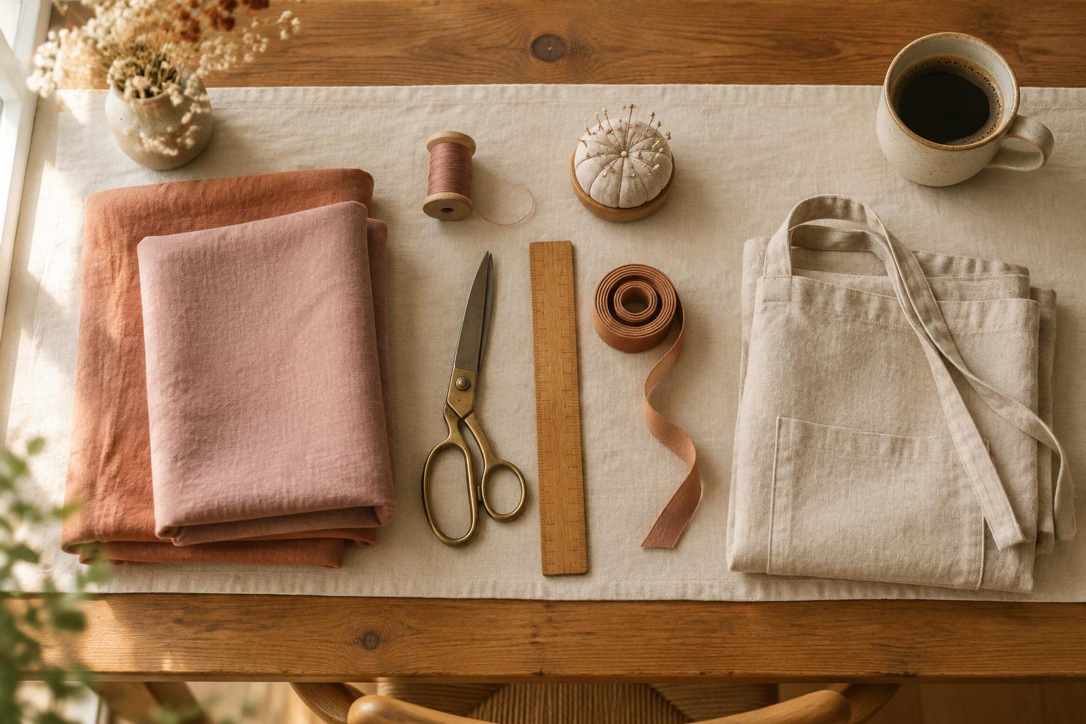A maker's worktable seen from above: folded fabric, a spool of thread, fabric scissors, a wooden ruler, ribbon, a folded apron and a mug of coffee